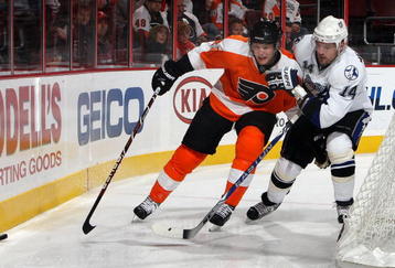 PHILADELPHIA - NOVEMBER 02:  James van Riemsdyk #21 of the Philadelphia Flyers skates against Andrej Meszaros #14 of the Tampa Bay Lightning on November 2, 2009 at Wachovia Center in Philadelphia, Pennsylvania.  (Photo by Jim McIsaac/Getty Images)