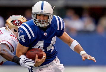 INDIANAPOLIS - NOVEMBER 01:  Dallas Clark #44 of the Indianapolis Colts runs with the ball during the NFL game against the San Francisco 49ers at Lucas Oil Stadium on November 1, 2009 in Indianapolis, Indiana.  (Photo by Andy Lyons/Getty Images)