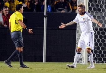 CARSON, CA - NOVEMBER 08:  David Beckham #23 of the Los Angeles Galaxy protests a call by referee Ricardo Salazar during the second half of Game 2 of the MLS Western Conference Semifinals match against Chivas USA at The Home Depot Center on November 8, 2009 in Carson, California.  The Galaxy defeated Chivas USA, 1-0, to advance to the MLS Western Conference Finals.  (Photo by Kevork Djansezian/Getty Images)