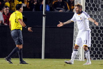 CARSON, CA - NOVEMBER 08:  David Beckham #23 of the Los Angeles Galaxy protests a call by referee Ricardo Salazar during the second half of Game 2 of the MLS Western Conference Semifinals match against Chivas USA at The Home Depot Center on November 8, 2009 in Carson, California.  The Galaxy defeated Chivas USA, 1-0, to advance to the MLS Western Conference Finals.  (Photo by Kevork Djansezian/Getty Images)