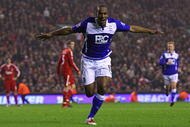 LIVERPOOL, ENGLAND - NOVEMBER 09: Cameron Jerome of Birmingham City celebrates scoring his team's second goal during the Barclays Premier League match between Liverpool and Birmingham City at Anfield on November 9, 2009 in Liverpool, England. (Photo by Alex Livesey/Getty Images)
