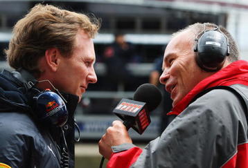 NURBURG, GERMANY - JULY 10:  Red Bull Racing Team Principal Christian Horner (L) is interviewed by Peter Windsor (R) during practice for the German Formula One Grand Prix at Nurburgring on July 10, 2009 in Nurburg, Germany.  (Photo by Mark Thompson/Getty Images)