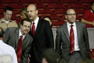 MANCHESTER, ENGLAND-AUGUST 9 : (L to R) Joel Glazer, Avram Glazer and Bryan Glazer, sons of owner Malcolm Glazer, are seen before the Champions League third qualifying round, first leg match between Manchester United and Debreceni VSC at Old Trafford on August 9, 2005 in Manchester, England. (Photo by Clive Brunskill/Getty Images)