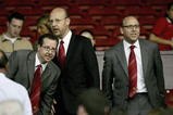 MANCHESTER, ENGLAND-AUGUST 9 : (L to R) Joel Glazer, Avram Glazer and Bryan Glazer, sons of owner Malcolm Glazer, are seen before the Champions League third qualifying round, first leg match between Manchester United and Debreceni VSC at Old Trafford on August 9, 2005 in Manchester, England.  (Photo by Clive Brunskill/Getty Images)