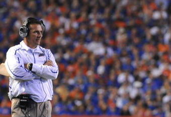 GAINESVILLE, FL - NOVEMBER 7: Coach Urban Meyer of the Florida Gators watches play against the Vanderbilt Commodores  on November 7, 2009 at Ben Hill Griffin Stadium in Gainesville, Florida.  (Photo by Al Messerschmidt/Getty Images) 