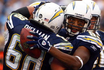 SAN DIEGO , CA - NOVEMBER 09:  Wide receiver Malcom Floyd (R) #80 of the San Diego Chargers celebrates a touchdown with teammate Kris Dielman #68 during the third quarter against the Kansas City Chiefs at Qualcomm Stadium on November 9, 2008 in San Diego, California. The Chargers defeated the Chiefs 20-19.  (Photo by Jeff Gross/Getty Images)
