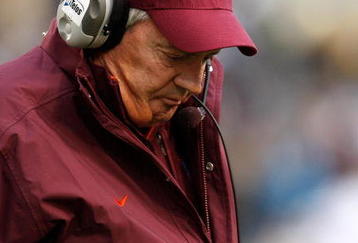 ATLANTA - OCTOBER 17:  Head coach Frank Beamer of the Virginia Tech Hokies walks to the sideline after a play call against the Georgia Tech Yellow Jackets at Bobby Dodd Stadium on October 17, 2009 in Atlanta, Georgia.  (Photo by Kevin C. Cox/Getty Images)