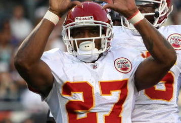 CHICAGO - AUGUST 07: Larry Johnson #27 of the Kansas City Chiefs celebrates a first quarter touchdown against the Chicago Bears on August 7, 2008 at Soldier Field in Chicago, Illinois. (Photo by Jonathan Daniel/Getty Images)
