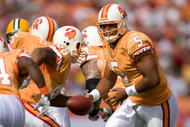 TAMPA, FL - NOVEMBER 08: Quarterback Josh Freeman #5 of the Tampa Bay Buccaneers hands the ball off against the Green Bay Packers during the game at Raymond James Stadium on November 8, 2009 in Tampa, Florida. (Photo by J. Meric/Getty Images)