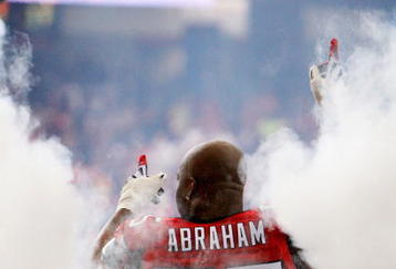 ATLANTA - NOVEMBER 08:  John Abraham #55 of the Atlanta Falcons is introduced before facing the Washington Redskins at Georgia Dome on November 8, 2009 in Atlanta, Georgia.  (Photo by Kevin C. Cox/Getty Images)