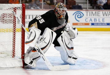ANAHEIM, CA - OCTOBER 24:  Jean-Sebastien Giguere #35 of the Anaheim Ducks defends against the Columbus Blue Jackets at the Honda Center on October 24, 2009 in Anaheim, California.  (Photo by Jeff Gross/Getty Images)