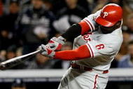 NEW YORK - NOVEMBER 04:  Ryan Howard #6 of the Philadelphia Phillies hits a 2-run home run in the top of the sixth inning against the New York Yankees in Game Six of the 2009 MLB World Series at Yankee Stadium on November 4, 2009 in the Bronx borough of New York City.  (Photo by Nick Laham/Getty Images)