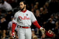NEW YORK - NOVEMBER 04:  Pedro Feliz #7 of the Philadelphia Phillies reacts after he flied out for the third out of the top of the second inning against the New York Yankees in Game Six of the 2009 MLB World Series at Yankee Stadium on November 4, 2009 in the Bronx borough of New York City.  (Photo by Nick Laham/Getty Images)