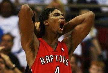 ORLANDO, FL - APRIL 20:  Chris Bosh #4 of the Toronto Raptors reacts after being called for a foul in the second half against the Orlando Magic in Game One of the Eastern Conference Quarterfinals during the 2008 NBA Playoffs at the Amway Arena on April 20, 2008 in Orlando, Florida. The Magic defeated the Raptors 114-100. NOTE TO USER: User expressly acknowledges and agrees that, by downloading and or using this photograph, User is consenting to the terms and conditions of the Getty Images License Agreement.  (Photo by Doug Benc/Getty Images)