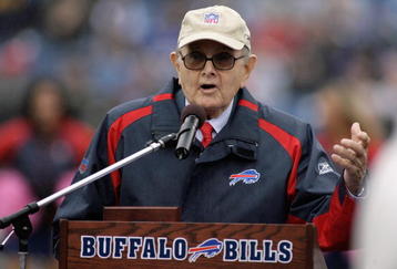 ORCHARD PARK, NY - SEPTEMBER 21:  Owner Ralph Wilson of the Buffalo Bills speaks during a ceremony adding Bruce Smith's name to the Ralph Wilson Stadium Wall of Fame at halftime of the game against the Oakland Raiders on September 21, 2008 at Ralph Wilson Stadium in Orchard Park, New York. Buffalo won 24-23. (Photo by Rick Stewart/Getty Images) 