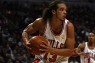 CHICAGO - NOVEMBER 03: Joakim Noah #13 of the Chicago Bulls looks to pass after grabbing a rebound against the Milwaukee Bucks at the United Center on November 3, 2009 in Chicago, Illinois. The Bulls defeated the Bucks 83-81. (Photo by Jonathan Daniel/Getty Images)