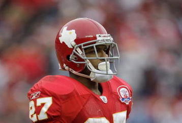 KANSAS CITY, MO - OCTOBER 11:  Larry Johnson #27 of the Kansas City Chiefs looks on during the NFL game against the Dallas Cowboys at Arrowhead Stadiumin on October 11, 2009 Kansas City, Missouri. The Cowboys defeated the Chiefs 26-20 in overtime. (Photo by Jamie Squire/Getty Images)