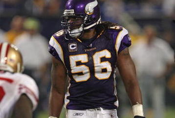 MINNEAPOLIS - SEPTEMBER 27: E.J.  Henderson #56 of the Minnesota Vikings awaits the start of play against the San Francisco 49ers at the Hubert H. Humphrey Metrodome on September 27, 2009 in Minneapolis, Minnesota. The Vikings defeated the 49ers 27-24. (Photo by Jonathan Daniel/Getty Images)