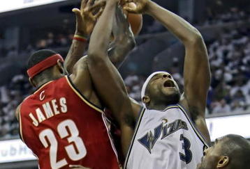 WASHINGTON - MAY 2: Brendan Haywood #33 of the Washington Wizards gets the ball knocked away by LeBron James #23 of the Cleveland Cavaliers in Game Six of the Eastern Conference Quarterfinals during the 2008 NBA Playoffs at the Verizon Center on May 2, 2008 in Washington, DC. The Cavaliers won 105-88 to advance to the next round. NOTE TO USER: User expressly acknowledges and agrees that, by downloading and or using this photograph, User is consenting to the terms and conditions of the Getty Images License Agreement. (Photo by Drew Hallowell/Getty Images)