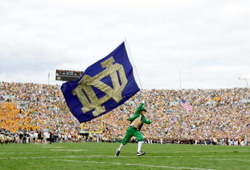 SOUTH BEND, IN - SEPTEMBER 17:  The Notre Dame Fighting Irish mascot carries the school flag on the field before the game against the Michigan State Spartans on September 17, 2005 at Notre Dame Stadium in South Bend, Indiana.  (Photo by Elsa/Getty Images)