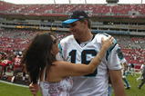 TAMPA, FL -  DECEMBER 30: Quarterback Vinny Testaverde of the Carolina Panthers hugs his wife after play against the Tampa Bay Buccaneers at Raymond James Stadium on December 30, 2007 in Tampa, Florida.   The Panthers won 31 - 23 and Testaverde announced his retirement. (Photo by Al Messerschmidt/Getty Images)