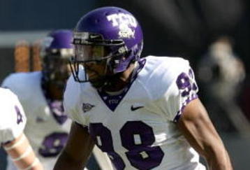 SAN DIEGO - NOVEMBER 07:  Defensive end Jerry Hughes #98 of the Texas Christian University Horned Frogs in action in the game with the San Diego State Aztecs on November 7, 2009 at Qualcomm Stadium in San Diego, California.   TCU won 55-12.  (Photo by Stephen Dunn/Getty Images)