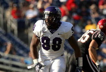 SAN DIEGO - NOVEMBER 07:  Defensive end Jerry Hughes #98 of the Texas Christian University Horned Frogs in action in the game with the San Diego State Aztecs on November 7, 2009 at Qualcomm Stadium in San Diego, California.   TCU won 55-12.  (Photo by Stephen Dunn/Getty Images)