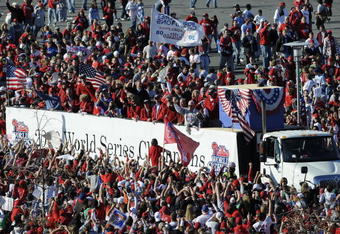 PHILADELPHIA, PA - OCTOBER 31: The Philadelphia Philies arrive at a victory rally at Citizens Bank Park October 31, 2008 in Philadelphia, Pennsylvania. The Phillies defeated the Tampa Bay Rays to win their first World Series in 28 years. (Photo by Jeff Fusco/Getty Images)