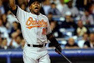 NEW YORK - SEPTEMBER 19: Miguel Tejada #10 of the Baltimore Orioles reacts to striking out against the New York Yankees during their game at Yankee Stadium on September 19, 2007 in the Bronx borough of New York City. (Photo by Jim McIsaac/Getty Images)