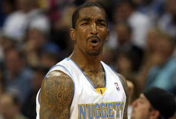 DENVER - MAY 29:  J.R. Smith #1 of the Denver Nuggets reacts against the Los Angeles Lakers in Game Six of the Western Conference Finals during the 2009 NBA Playoffs at Pepsi Center on May 29, 2009 in Denver, Colorado. NOTE TO USER: User expressly acknowledges and agrees that, by downloading and or using this photograph, User is consenting to the terms and conditions of the Getty Images License Agreement.  (Photo by Jed Jacobsohn/Getty Images)