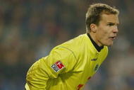 HANNOVER, GERMANY - OCTOBER 17: Goalkeeper Robert Enke of Hannover 96 eyes the play from his position during their Bundesliga match against Vfl Wolfsburg on October 17, 2004 at AWD Arena in Hannover, Germany. Hannover won 3-0. (Photo by Victor Decolongon/Getty Images)