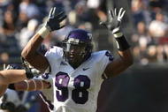 SAN DIEGO - NOVEMBER 07: Defensive end Jerry Hughes #98 of the Texas Christian University Horned Frogs in action in the game with the San Diego State Aztecs on November 7, 2009 at Qualcomm Stadium in San Diego, California. TCU won 55-12. (Photo by Stephen Dunn/Getty Images)