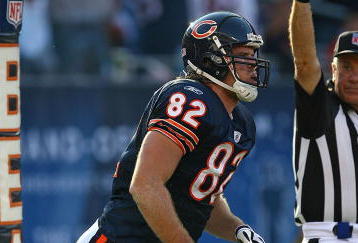 CHICAGO - NOVEMBER 08: Greg Olsen #82 of the Chicago Bears pops up after his third touchdown catch against the Arizona Cardinals at Soldier Field on November 8, 2009 in Chicago, Illinois. The Cardinals defeated the Bears 41-21. (Photo by Jonathan Daniel/Getty Images)