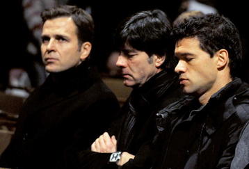 HANOVER, GERMANY - NOVEMBER 11:  (L-R)  Oliver Bierhoff, team manager of the german football assisation, Joachim Loew, head coach of the german national football team and Michael Ballack attend the mourning service for Robert Enke at the Marktkirche on November 11, 2009 in Hanover, Germany. Enke, 32, goalkeeper for Hannover 96 and the German national team, was struck and killed yesterday by a train at Neustadt am Rubenberge. Police have today confirmed that it was suicide.  (Photo by Jochen Luebke-Pool/Getty Images)