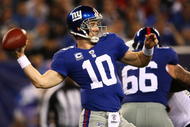EAST RUTHERFORD, NJ - NOVEMBER 08:  Eli Manning #10 of the New York Giants looks to pass  against the San Diego Chargers on November 8, 2009 at Giants Stadium in East Rutherford, New Jersey.  (Photo by Chris McGrath/Getty Images)