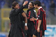 ROME - NOVEMBER 08:  Leonardo (L) the coach of Milan, Pato (R) and Ronaldinho celebrate the victory  after the Serie A match between SS Lazio and AC Milan at Stadio Olimpico on November 8, 2009 in Rome, Italy.  (Photo by Paolo Bruno/Getty Images)