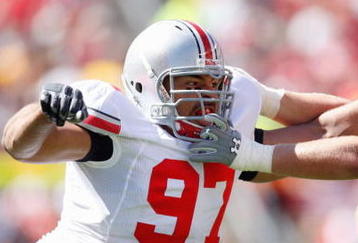 CLEVELAND - SEPTEMBER 19:  Cameron Heyward #97 of the Ohio State Buckeyes moves off the line during the game against the Toledo Rockets at Cleveland Browns Stadium on September 19, 2009 in Cleveland, Ohio. The Ohio State Buckeyes shutout the Toledo Rockets 38-0. (Photo by Gregory Shamus/Getty Images)
