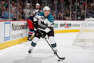 COLUMBUS, OH - NOVEMBER 4: Logan Couture #39 of the San Jose Sharks handles the puck against the Columbus Blue Jackets on November 4, 2009 at Nationwide Arena in Columbus, Ohio. (Photo by Gregory Shamus/Getty Images)