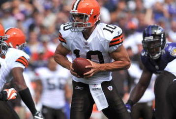 BALTIMORE - SEPTEMBER 27:  Brady Quinn #10 of the Cleveland Browns hands off during the game against the Baltimore Ravens at M&T Bank Stadium on September 27, 2009 in Baltimore, Maryland. The Ravens defeated the Browns 34-3. (Photo by Larry French/Getty Images)
