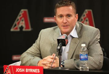 PHOENIX - MAY 08:  General manager Josh Byrnes of the Arizona Diamondbacks introduces the new team manager A. J. Hinch (not pictured) during a press conference before the game against the Washington Nationals at Chase Field on May 8, 2009 in Phoenix, Arizona.  (Photo by Christian Petersen/Getty Images)