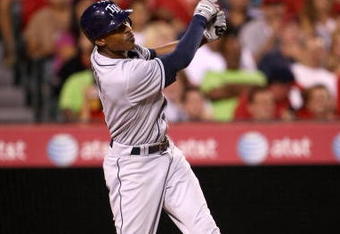 ANAHEIM, CA - AUGUST 11:  B.J. Upton #2 of the Tampa Bay Rays bats against the Los Angeles Angels of Anaheimon August 11, 2009 at Angel Stadium in Anaheim, California.  (Photo by Stephen Dunn/Getty Images)