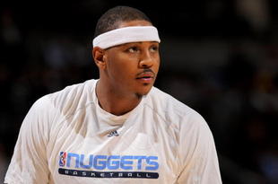 DENVER - OCTOBER 28:  Carmelo Anthony #15 of the Denver Nuggets warms up prior to facing the Utah Jazz during NBA action at Pepsi Center on October 28, 2009 in Denver, Colorado. The Nuggets defeated the Jazz 114-105.  (Photo by Doug Pensinger/Getty Images)