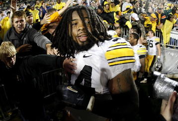 STATE COLLEGE, PA - SEPTEMBER 26:  Adrian Clayborn #94 of the Iowa Hawkeyes celebrates a 21-10 victory over the Penn State Nittnay Lions on September 26, 2009 at Beaver Stadium in State College, Pennsylvania.  (Photo by Gregory Shamus/Getty Images)