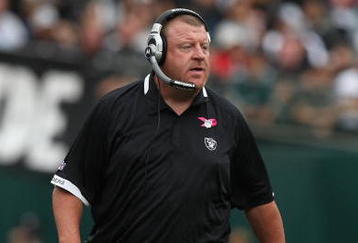 OAKLAND, CA - OCTOBER 18:  Head coach Tom Cable of the Oakland Raiders looks on against the Philadelphia Eagles during an NFL game at the Oakland-Alameda County Coliseum on October 18, 2009 in Oakland, California.  (Photo by Jed Jacobsohn/Getty Images)