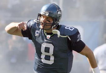 SEATTLE - OCTOBER 11: Quarterback Matt Hasselbeck #8 of the Seattle Seahawks celebrates as he runs onto the field before the game against the Jacksonville Jaguars on October 11, 2009 at Qwest Field in Seattle, Washington. The Seahawks defeated the Jaguars 41-0. (Photo by Otto Greule Jr/Getty Images)  