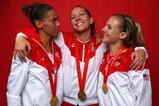 BEIJING - AUGUST 22:  (L-R) Natasha Kai, Lauren Cheney and Amy Rodriguez of the United States pose in the NBC Today Show Studio as part of the Gold Medal winning Women's Football Team at the Beijing 2008 Olympic Games on August 22, 2008 in Beijing, China.  (Photo by Ryan Pierse/Getty Images)