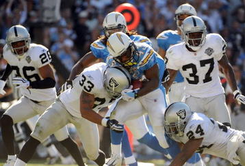 SAN DIEGO - NOVEMBER 01:  Darren Sproles #43 of the San Diego Chargers gets hit by Tyvon Branch #33 and Michael Huff #24 of the Oakland Raiders during the game at Qualcomm Stadium on November 1, 2009 in San Diego California. The Chargers defeated the Raiders 24-16. (Photo by Harry How/Getty Images)