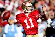 SAN FRANCISCO - NOVEMBER 08: Alex Smith #11 of the San Francisco 49ers passes against the Tennessee Titans during an NFL game on November 8, 2009 at Candlestick Park in San Francisco, California. (Photo by Jed Jacobsohn/Getty Images)