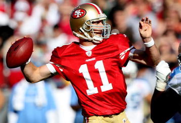 SAN FRANCISCO - NOVEMBER 08:  Alex Smith #11 of the San Francisco 49ers passes against the Tennessee Titans during an NFL game on November 8, 2009 at Candlestick Park in San Francisco, California.  (Photo by Jed Jacobsohn/Getty Images)