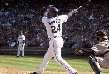 SEATTLE - SEPTEMBER 20:  Ken Griffey Jr #24 of the Seattle Mariners makes a hit during the game against the New York Yankees on September 20, 2009 at Safeco Field in Seattle, Washington. (Photo by Otto Greule Jr/Getty Images)  